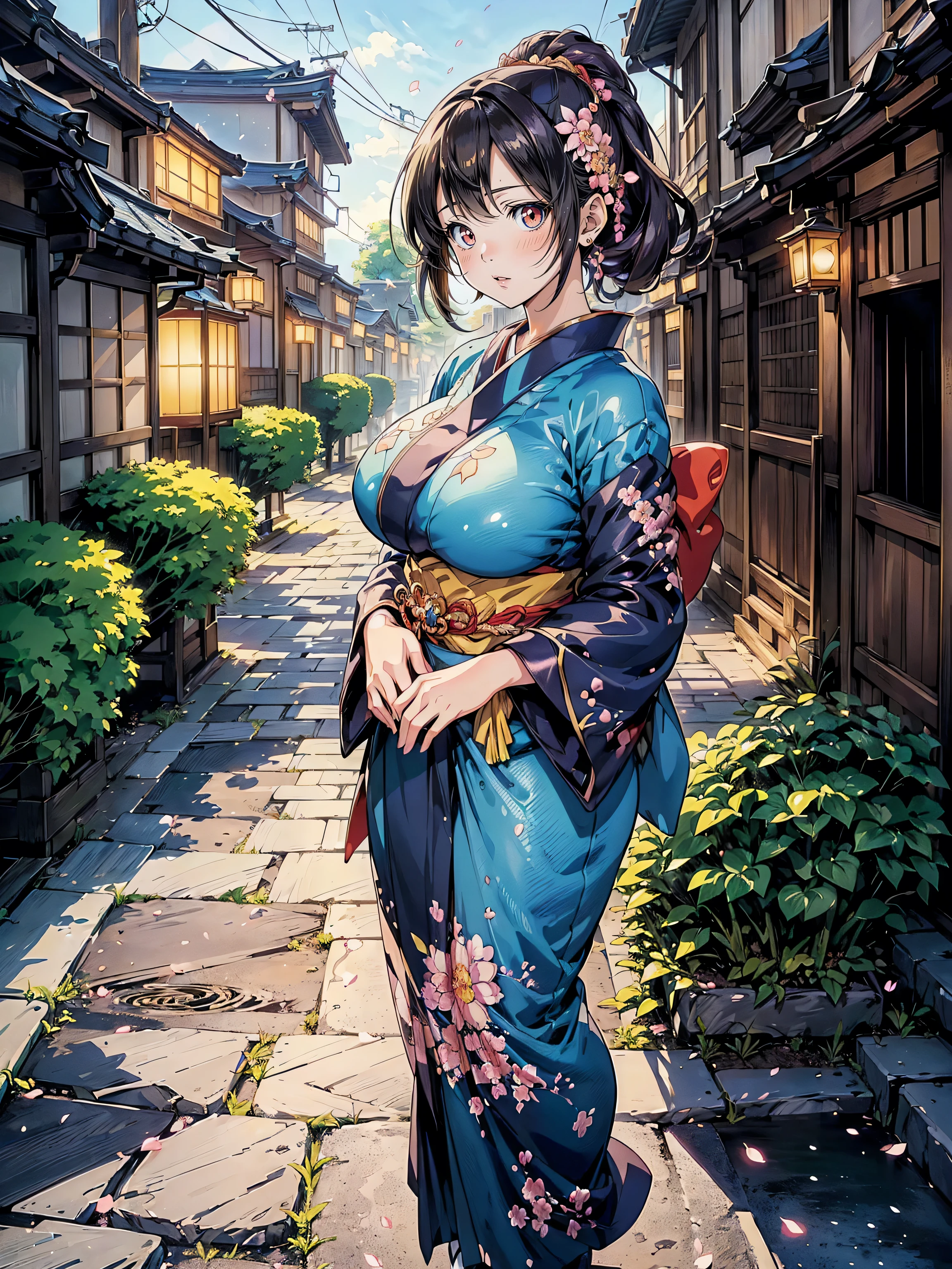 ((Superbly detailed drawing, ultra detailed, exquisite quality, absolutely resolution)), (anime moe art style:1.5), (((Edo Town Girl))), ((huge breasts)), super detailed skin, super delicate beautiful face, (backlighting, particle effect, caustics), (sharp focus), ((full body)),