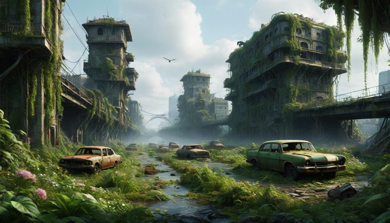 "Create a 3D animation of an abandoned metropolis (2022) in the style of Jakub Rozalski
* rusty airplane, overgrown with moss, showing signs of decay
* Intricate details, including texturing and modeling, in ultra-high quality
* Render the scene in 8K resolution (7680 x 4320 pixels) with extreme attention to detail
The metropolis should be overgrown with lush greenery, with vines and flowers, bridges covering the buildings and streets. Rusty cars should be in various states of disrepair, with visible corrosion and oxidation. Include subtle lighting and atmospheric effects to create a sense of depth and immersion.
deliver detailed, seamless, and high-quality 3D animation that meets these specifications."