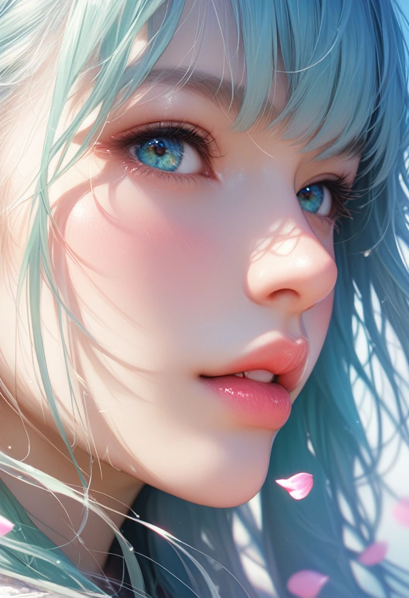 score_9, score_8_up, score_7_up, Girl's profile picture, light green long hair with bangs, light blue petals on cheeks, realistic skin texture, detailed picture, close-up, HD32k