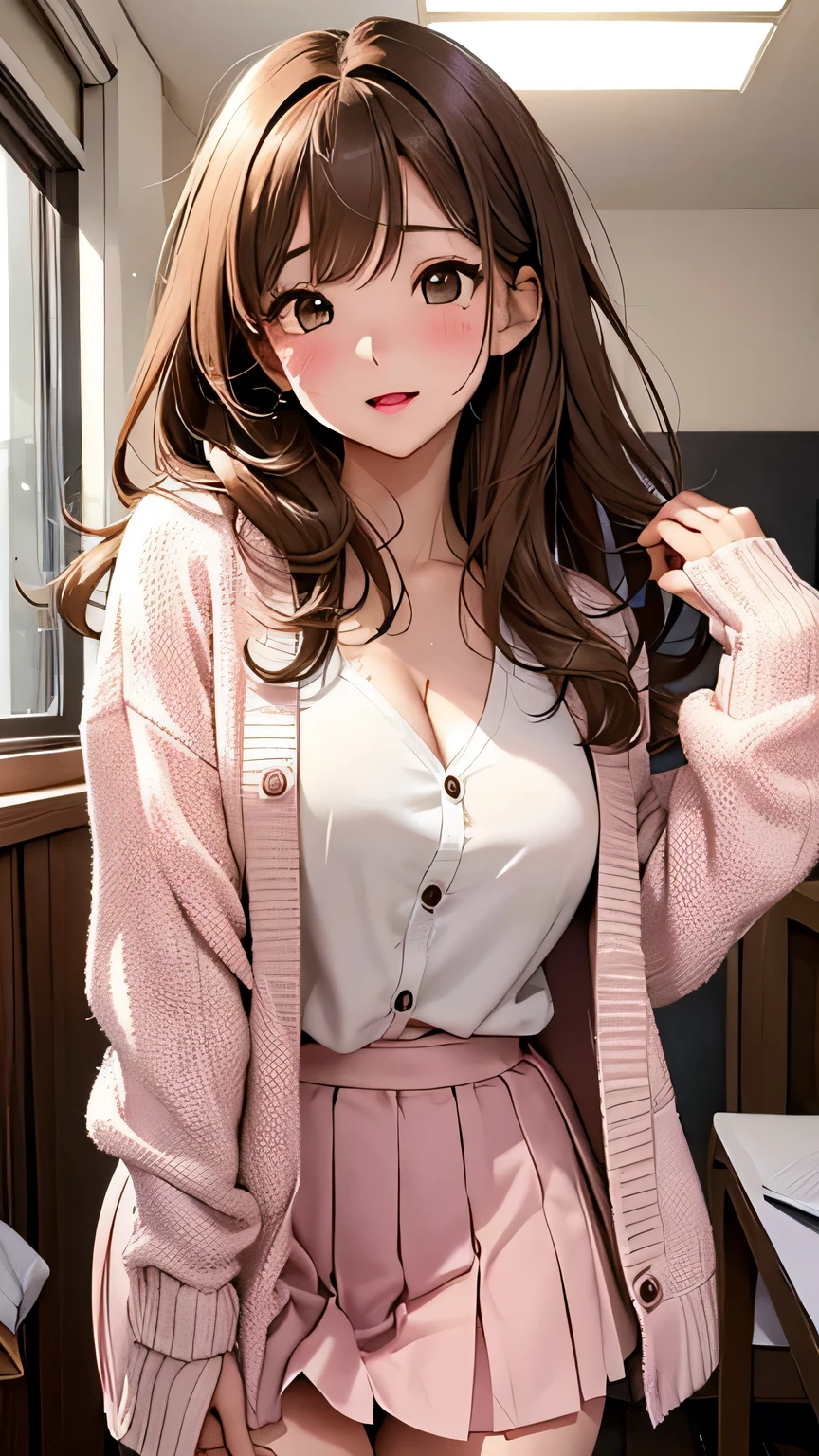Highest quality, Soft Light, Ultra-high resolution,People Girls, alone, sexy, (Ecstatic face), (Light brown eyes), Beautiful face in every detail,(High resolution detail of human skin texture), (Medium Hair), break,Cardigan ,Checkered Skirt,Pink panties, (Open your mouth:1.2),tongue,(Sweat:1.1),Sigh,look back
