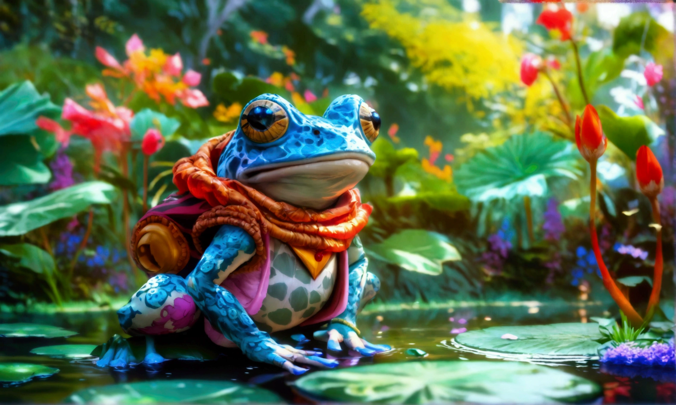 Humanoid frog, JOJO style outfit, pond background, "Anime character design inspired by One Piece, full of dramatic and impressive lighting, focus on the centralized character, impressive face, full of creative details, 4K ultra-fine design, scenery bathed in creativity, boasting 2D anime resolution clarity, HD anime graphics, high-octane rendering"