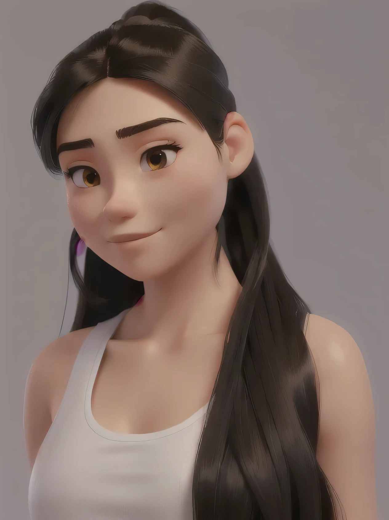 a close up of a woman with long hair wearing a white tank top, straight hairstyle, south east asian with round face, 18 years old, hair in slick low ponytail, with long hair, asian features, with round face, flawless olive skin, with very thin lips, beautiful fine - face, headshot profile picture