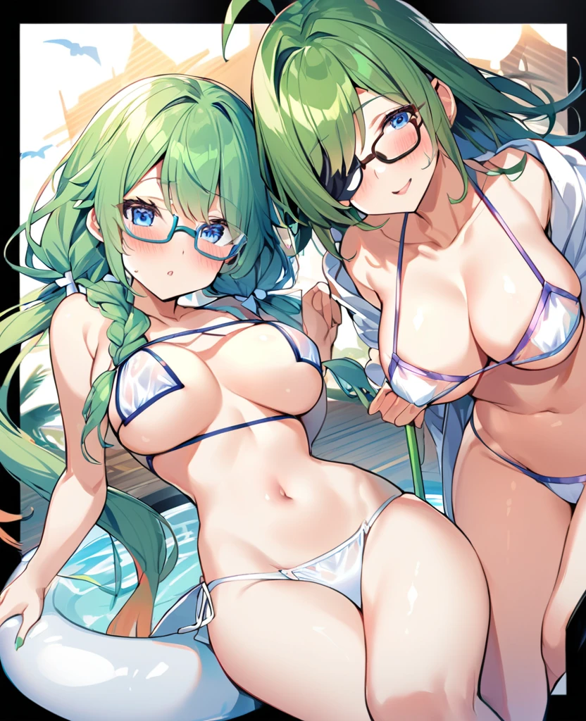1 female、Braided Pigtails、Big Tits、(Big Tits:1.8)、Glasses、(face:Without eye patch)、blue eyes、Green Hair、Eyepatch bikini、Eyepatch bikiniのボトムのみ、(color:transparent)、(size:Micro Bikini)、thong underwear、(Sunburn)、Sunburn跡、Swimwear Line、white、(スクールSwimwear Line)、(Sunburn跡:スクールSwimwear Line)