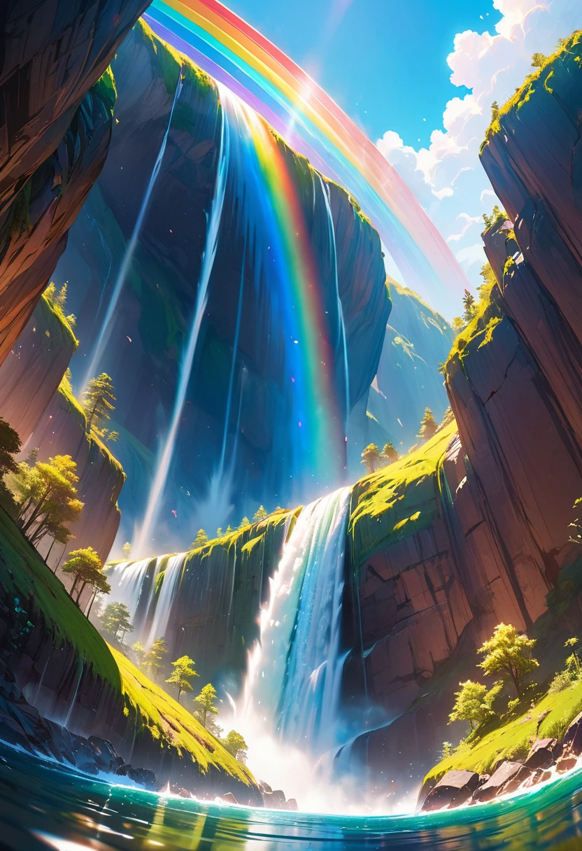 a ((low angle shot: 1.5)), from below of an epic waterfall, there is an epic waterfall coming out of an epic cliff, ((standing really close to the waterfall)) the water coming down in earnest, there is a rainbow reflected on the  water, vibrant, Ultra-high resolution, High Contrast, (masterpiece:1.5), highest quality, Best aesthetics), best details, best quality, highres, 16k, (ultra detailed: 1.5), masterpiece, best quality, (extremely detailed) RAW, (ultra details, Masterpiece, best quality), chumbasket art style, ral-czmcrnbw