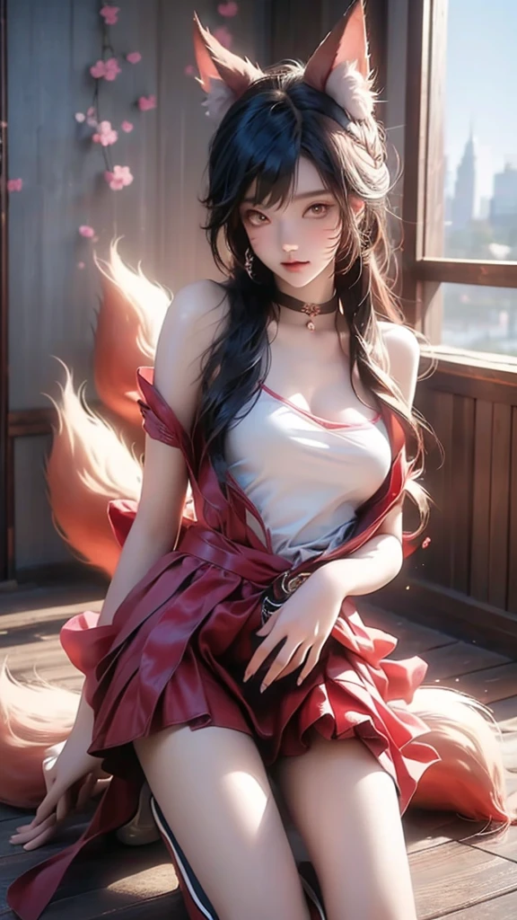 best quality,masterpiece,Ultra-high resolution,(photoactual:1.4),School,Study room,A 14-year-old Japanese nine-tailed fox girl,,Long hair above waist,Single ponytail,Student short clothes,Short skirt,Kneel on the ground,expression,Put your finger to your mouth