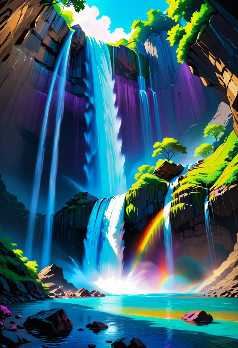 a ((low angle shot: 1.5)), from below of an epic waterfall, there is an epic waterfall coming out of an epic cliff, ((standing really close to the waterfall)) the water coming down in earnest, there is a rainbow reflected on the  water, vibrant, Ultra-high resolution, High Contrast, (masterpiece:1.5), highest quality, Best aesthetics), best details, best quality, highres, 16k, (ultra detailed: 1.5), masterpiece, best quality, (extremely detailed) RAW, (ultra details, Masterpiece, best quality), chumbasket art style, ral-czmcrnbw