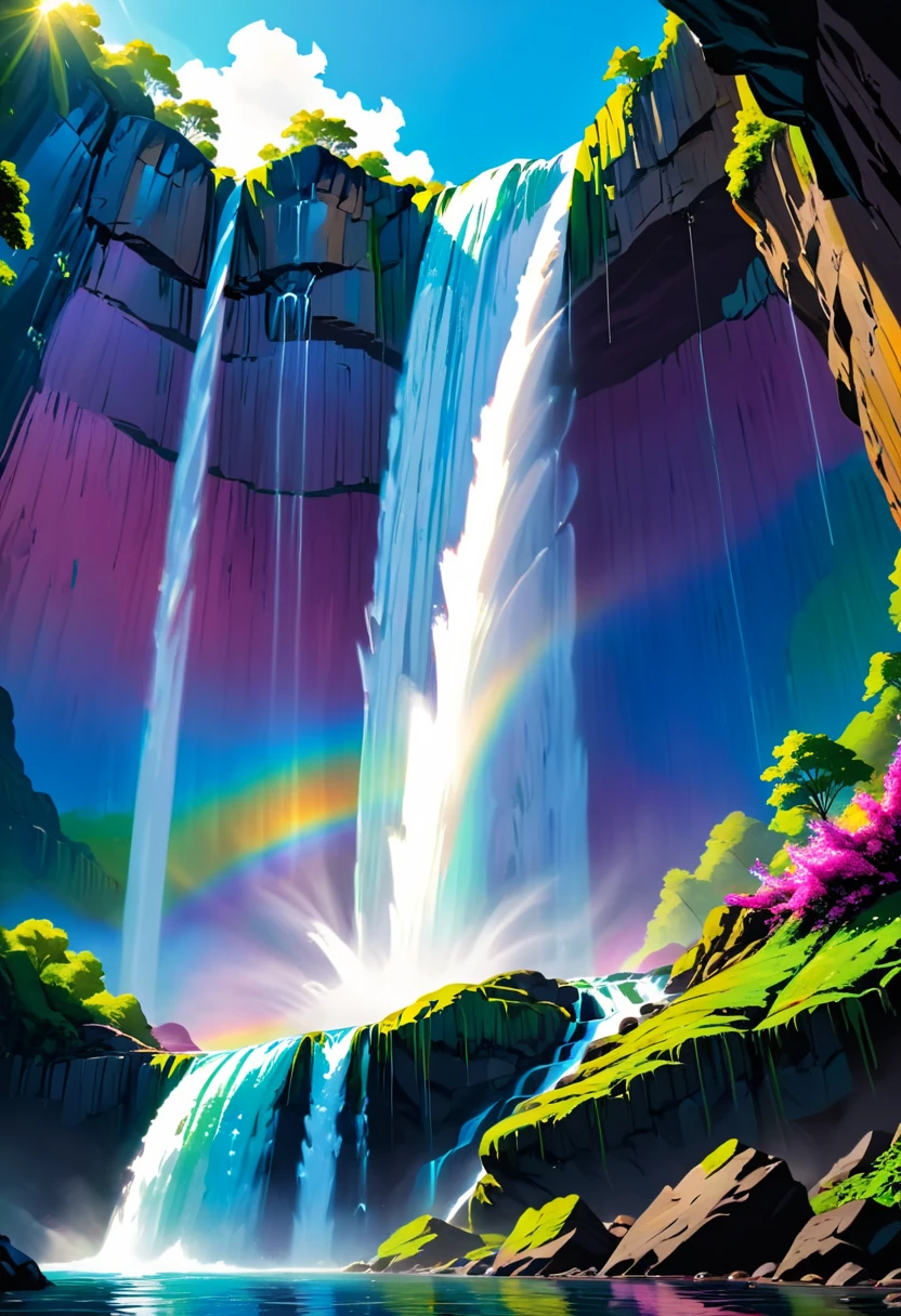 a ((low angle shot: 1.5)), from below of an epic waterfall, there is an epic waterfall coming out of an epic cliff, ((standing really close to the waterfall)) the water coming down in earnest, there is a rainbow reflected on the water, vibrant, Ultra-high resolution, High Contrast, (masterpiece:1.5), highest quality, Best aesthetics), best details, best quality, highres, 16k, (ultra detailed: 1.5), masterpiece, best quality, (extremely detailed) RAW, (ultra details, Masterpiece, best quality), chumbasket art style, ral-czmcrnbw