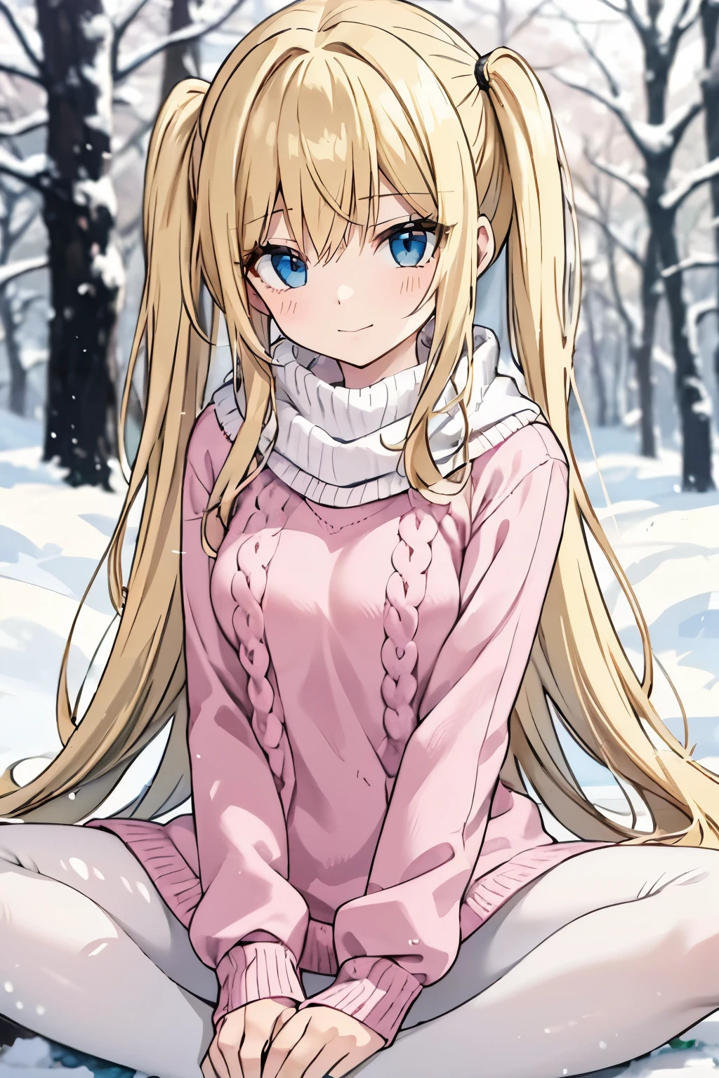 Safe for work, masterpiece, best quality, solo, 1 girl,  cute girl, wholesome girl, (young female body:1.4), ( medium small breasts), cowboy shot, shy smile, flustered, yellow hair, voluminous wavy hair, extra long hair, hime cut, very blunt bangs, light blue eyes, detailed eyes, snowy forest trees, snow, knit sweater dress, light pink sweater dress, scarf, white pantyhose, pink sweater dress, pink knit dress, extra long pigtails, sitting in snow, butterfly sitting, sitting with crossed legs, hands in lap, sitting butterfly position 