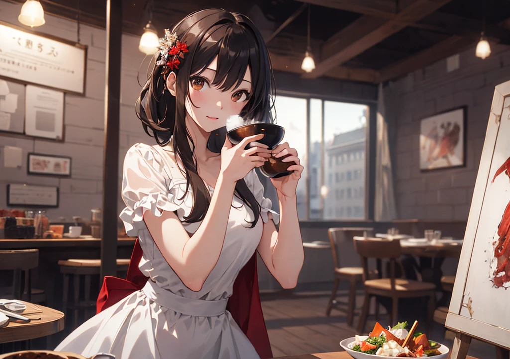 Realistic photos, Focus distance 10mm, Red and white, Beautiful girl, Realistic photos, Shooting at focus distance 10mm, masterpiece, 最high quality, high quality, Very detailed CG 8k wallpaper unit, Award-winning photography, Depth of written boundary, High resolution, bloom, chromatic aberration, Realistic, Very detailed, Art Station Trends, CGsociety Trends, Complex, High detail, dramatic, Art on the go, volumetric lighting, Soup A beautiful girl in an elegant dress is enjoying a hot soup. The background is the warm atmosphere of a high-end restaurant. The girl has short black hair and light brown eyes