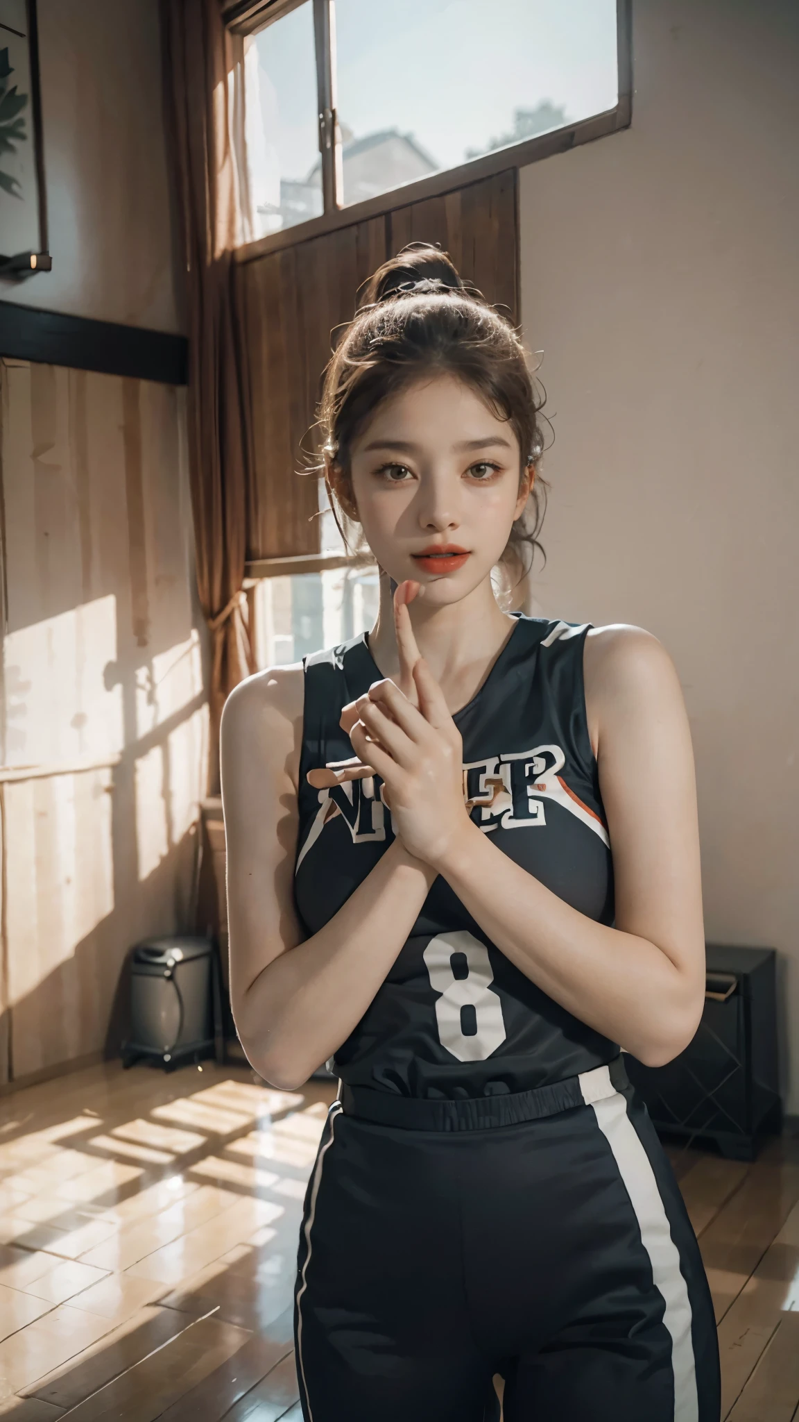 1girl in basketball uniform, playing basketball on indoor court, dramatic lighting, cinematic, highly detailed, photorealistic, 8k, RAW HDR, professional sports photography, dynamic pose, sweat glistening, basketball hoop, wooden floor, shadows, rim lighting, dramatic contrast, vibrant colors, sweating, white color skin, skin shinning, red lips, upper body only , big breast