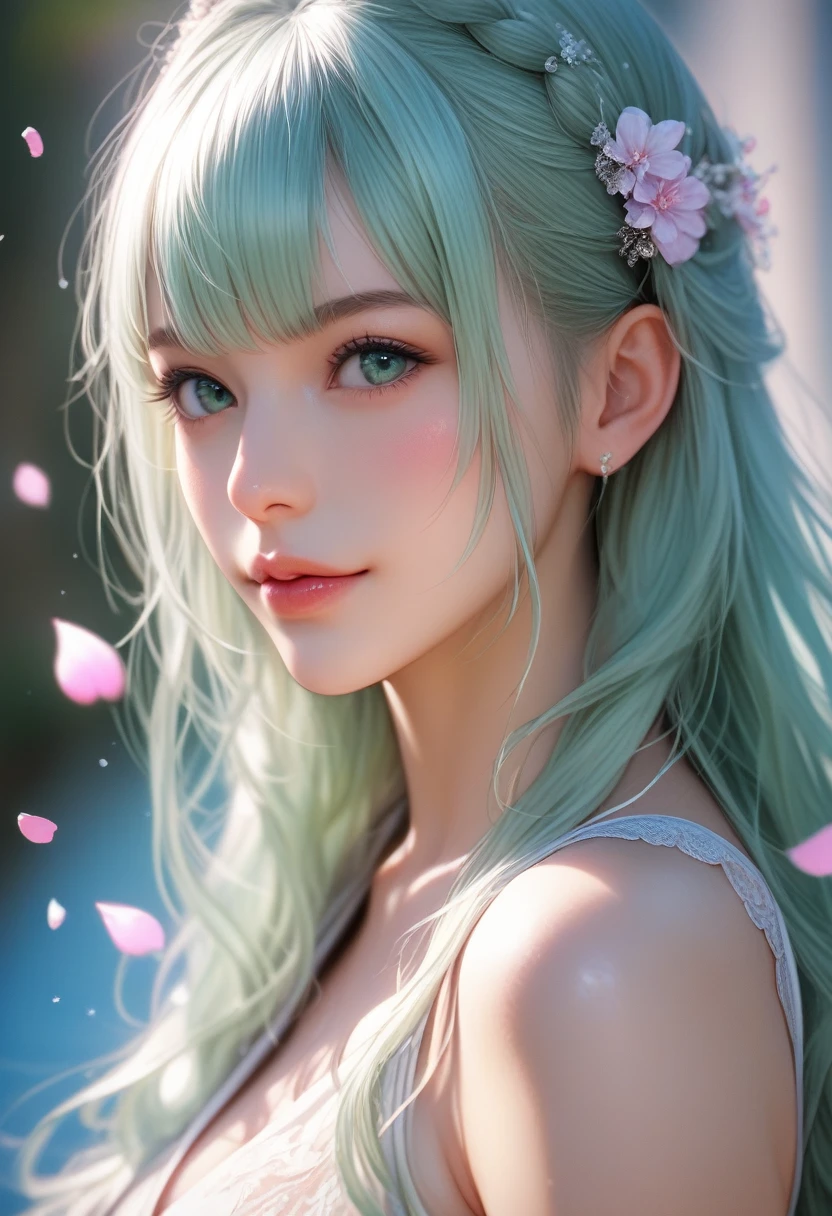 score_9, score_8_up, score_7_up, Girl's profile picture, light green long hair with bangs, light blue petals on cheeks, realistic skin texture, detailed picture, HD32k