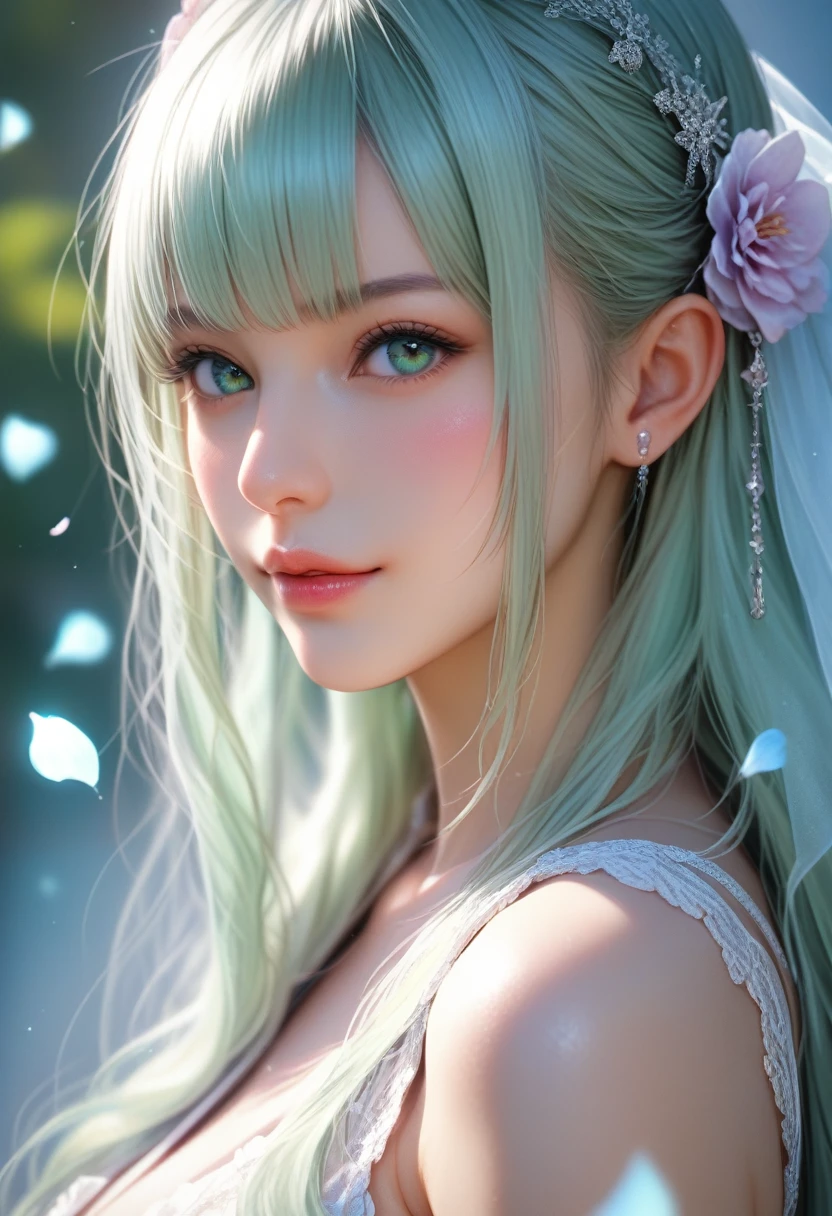 score_9, score_8_up, score_7_up, Girl's profile picture, light green long hair with bangs, light blue petals on cheeks, realistic skin texture, detailed picture,  HD32k