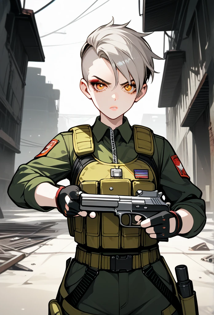 masterpiece, best quality, mature woman, (buzzcut hairstyle), gray hair, (villainous eyes), amber eyes, glossy lips, (mature face), serious expression, operative clothing, bulletproof vest, tactical vest, fingerless gloves, holding pistol, abandoned building, aiming gun at viewer