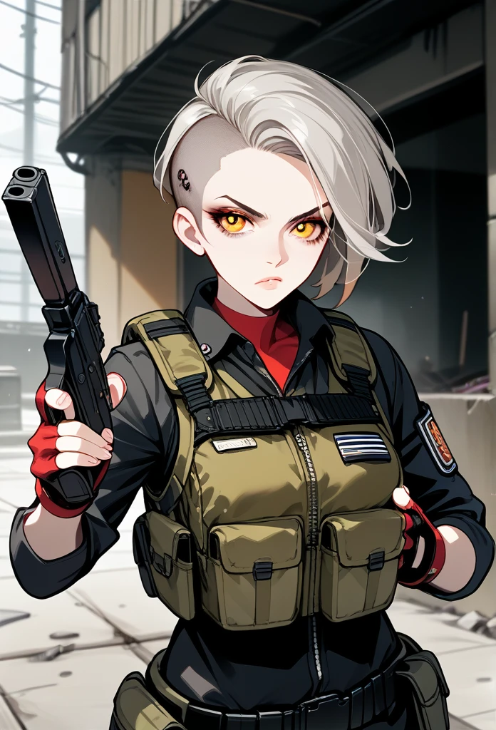 masterpiece, best quality, mature woman, (buzzcut hairstyle), gray hair, (villainous eyes), amber eyes, glossy lips, (mature face), serious expression, operative clothing, bulletproof vest, tactical vest, fingerless gloves, holding pistol, abandoned building, aiming gun at viewer