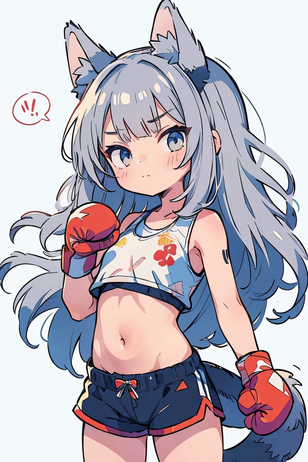 (boxing:1.3)、age Girls、、belly button、stomach、cool、Shorts、Serious expression、(Closed Mouth:1.2)、Animal Ears、Tail of the beast、Silver Hair