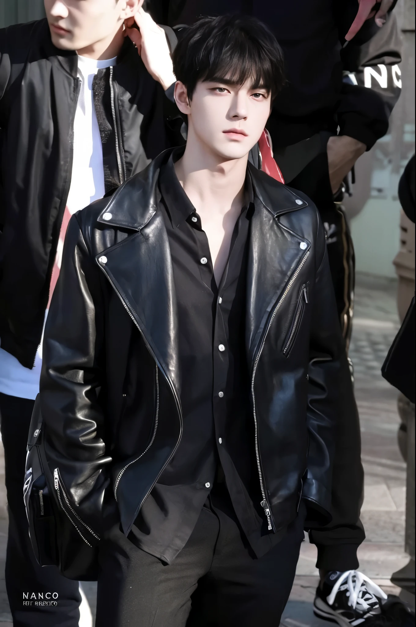 4k, high resolution, best quality, masterpiece, perfect color, perfect shade, perfect lighting, Posted by e621, ((portrait)), ((handsome man)), perfect male figure, Short hair details，Detailed face, perfect face, (stood up), Detailed background, ((Bonifasco Lighting)),black hair, wearing black leather jacket, purple eyes,
