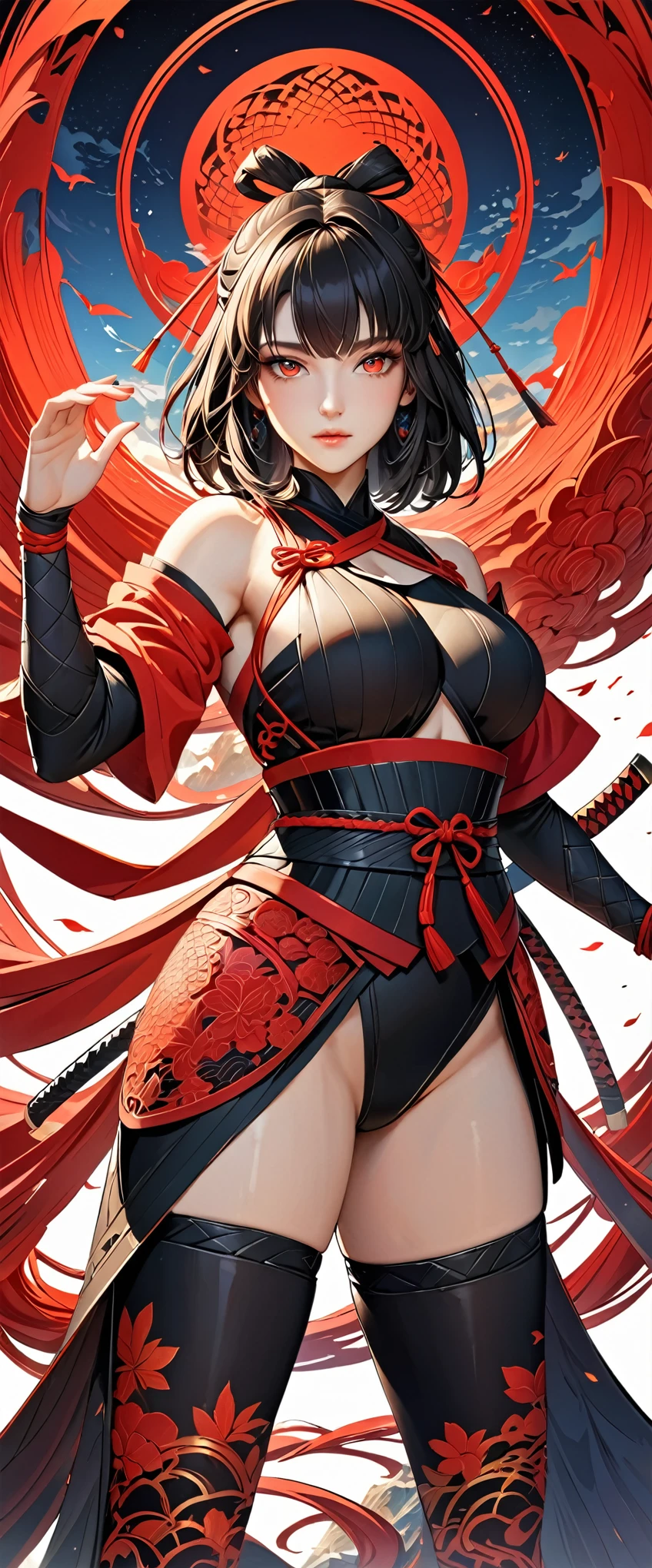 (masterpiece:1.2),(Highest quality),(Very detailed),(High resolution),8k,wallpaper,1 girl,Beautiful female hands,Fine hand,(A female ninja stands in the world of illusions),look at me,Beautiful Eyes,Red glowing eyes,(The background is the beautiful world of the three thousand great worlds),(Beautiful female hands),(Detailed Female Hands),(((Hand,detailed,perfect,perfection,hands)))