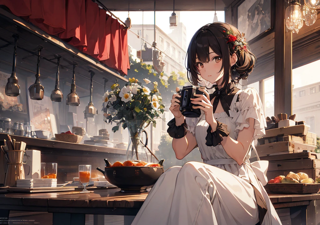 Realistic photos, Focus distance 10mm, Red and white, Beautiful girl, Realistic photos, Shooting at focus distance 10mm, masterpiece, 最high quality, high quality, Very detailed CG 8k wallpaper unit, Award-winning photography, Depth of written boundary, High resolution, bloom, chromatic aberration, Realistic, Very detailed, Art Station Trends, CGsociety Trends, Complex, High detail, dramatic, Art on the go, volumetric lighting, Soup A beautiful girl in an elegant dress is enjoying a hot soup. The background is the warm atmosphere of a high-end restaurant. The girl has short black hair and light brown eyes