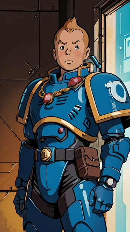 (s:1male: Tintin), (extremely detailed CG unit 8k wallpaper),(master part), (best quality), (ultra detail), (best illustration),(ultramarine), cowboy shot, (Sharp eyeliner, ombre, detailed eyes:1), dark neon light cyberpunk indoors background, ,break , (ghibli style), upper body
