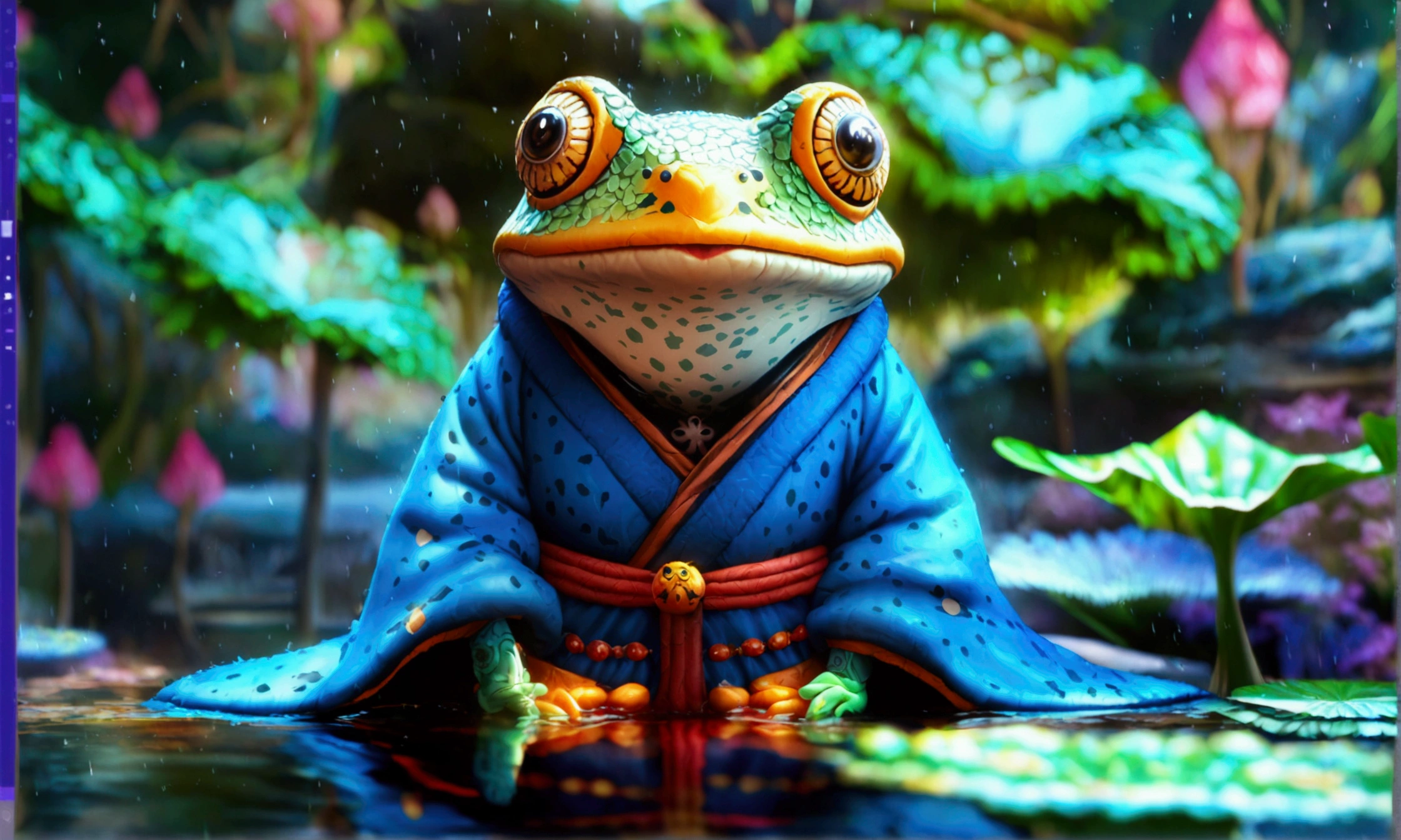 Humanoid blue frog, wearing a blue robe, pond scenery, "Anime character design inspired by One Piece, full of dramatic and impressive lighting, focus on the centralized character, impressive face, full of creative details, ultra-fine 4K design, scenery bathed in creativity, boasting 2D anime resolution clarity, HD anime graphics, high-octane rendering"