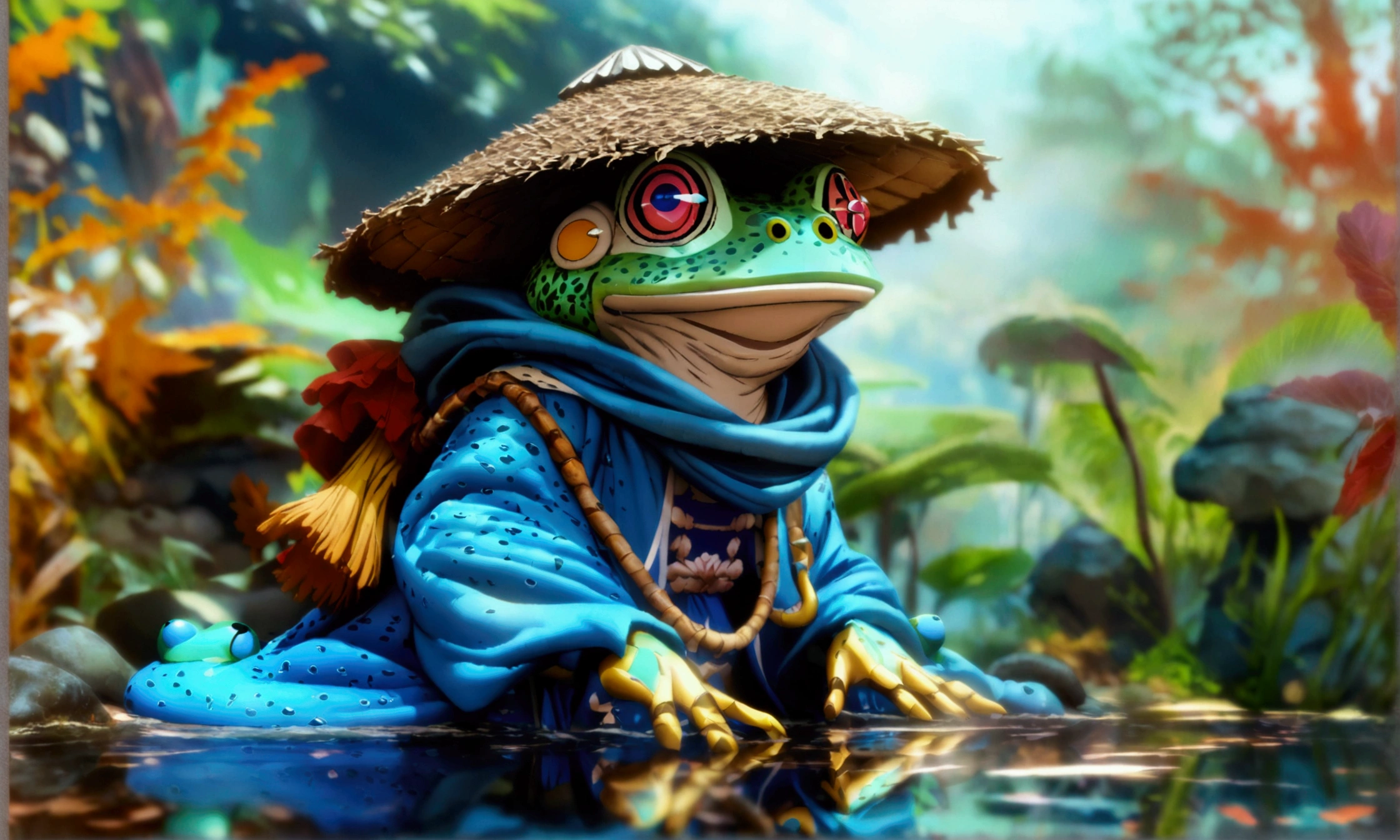 Humanoid blue frog, wearing a blue robe, pond scenery, "Anime character design inspired by One Piece, full of dramatic and impressive lighting, focus on the centralized character, impressive face, full of creative details, ultra-fine 4K design, scenery bathed in creativity, boasting 2D anime resolution clarity, HD anime graphics, high-octane rendering"