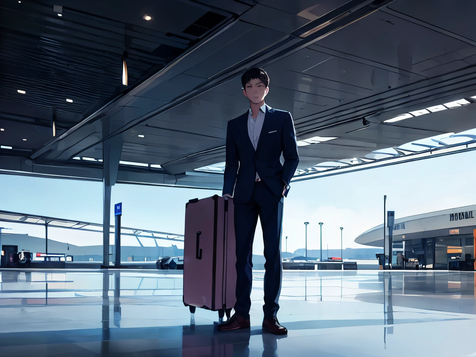 A young man stands at an airport with suitcase in his hand
