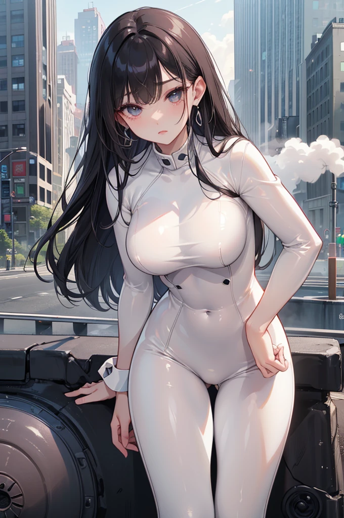 In 8K、超A high resolution、highest quality、Tabletop (Big Breasts、Toned body:1.2)((glossy white、Tight enamel rubber suit、Patent leather pants:1.4))(New York Buildings、Smoke from a manhole:1.5) (Long, straight, beautiful black hair:1.4)(Embarrassed expression、Big eyes、Clear double eyelids、Eyelashes:1.3)(Staring at the audience、Eye highlights、Light brown eyes、Pink Lip Gloss)Earrings、Stiletto heels、(Stick your butt out、Leaning forward:1.1)