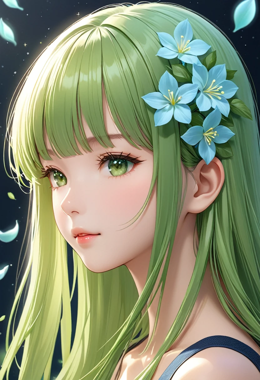 score_9, score_8_up, score_7_up, Girl's profile picture, light green long hair with bangs, light blue petals on cheeks, realistic skin texture, detailed picture, HD32k