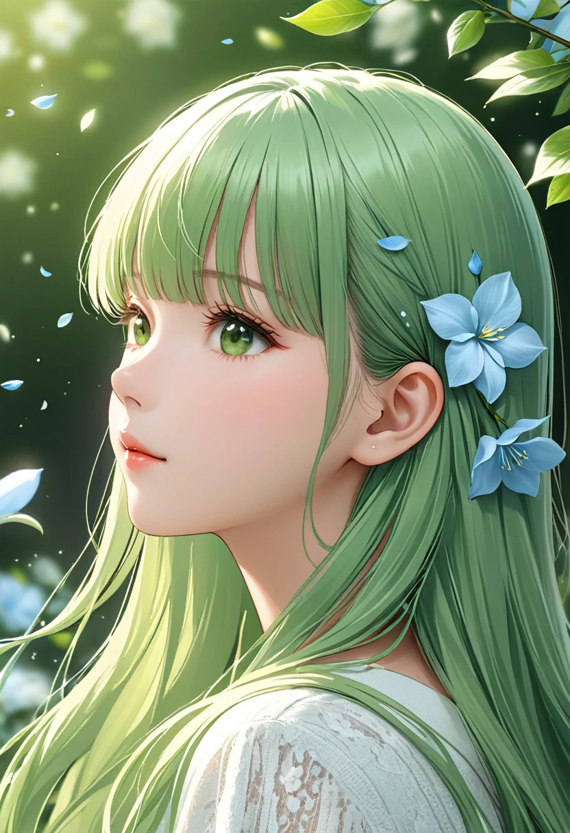 score_9, score_8_up, score_7_up, Girl's profile picture, light green long hair with bangs, light blue petals on cheeks, realistic skin texture, detailed picture, HD32k