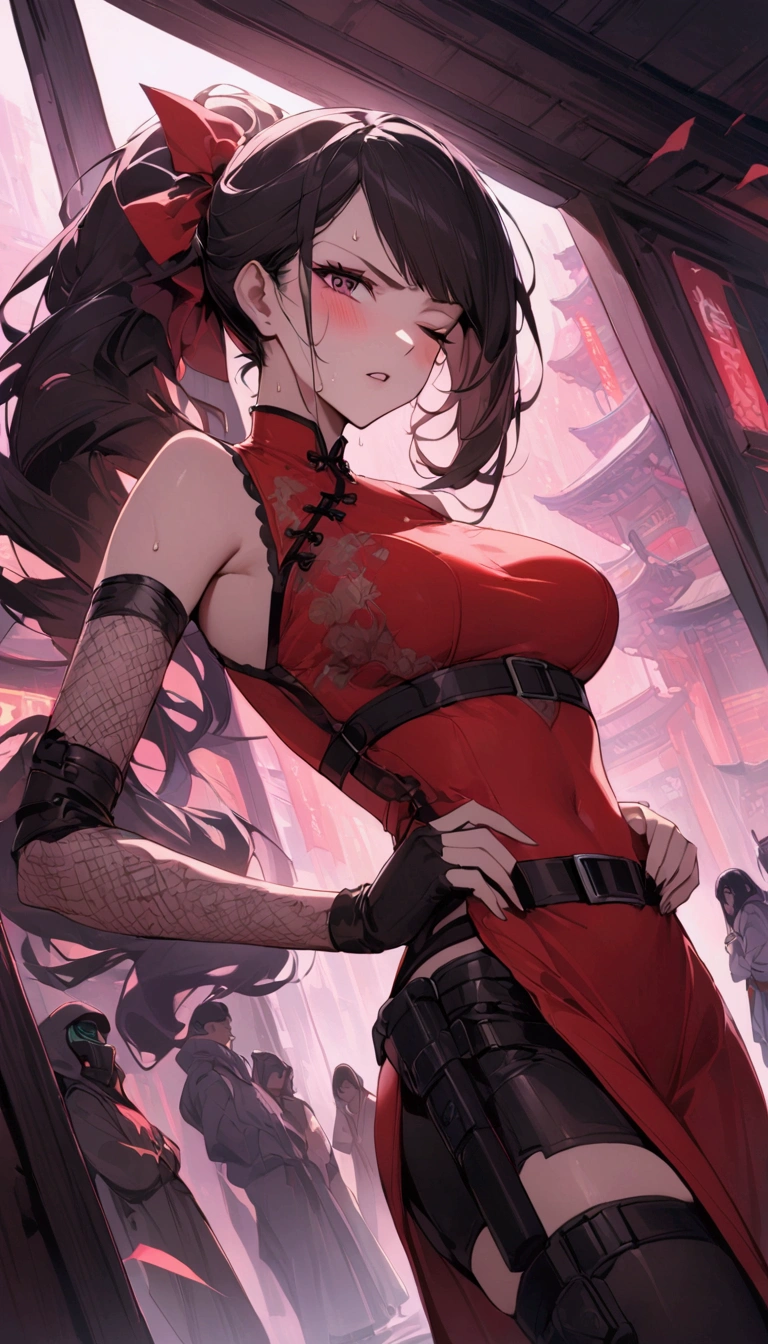 Dynamic composition,dutch angle,from side,{{masterpiece}}, {{{Highest quality}}},{{Very detailed}},{{Fight}},{{fighting stance:1.6}},{{critical situation:1.6}},{{hold down one's stomach with one's hands:1.6}},1girl,30years old,{Mature Woman}},cyberpunk,{{RED Chinese clothing:1.2}},Red sleeveless Chinese dress,pelvic curtain,black stockings,belt,black fingerless gloves,Lace arm covers,holster,{{Grit your teeth:1.4}},one eye closed, ,{{v-shaped eyebrows}},Bad mood,blush,Sweat,raise one's eyebrows ,{{View your viewers}}、Very long long hair in a ponytail.abdominal pain ,{{pain}},Inside the dojo,indoor