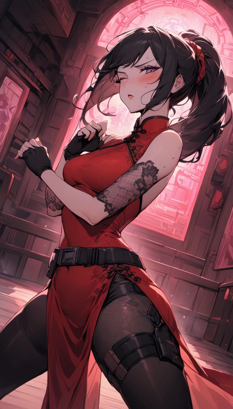 Dynamic composition,dutch angle,from side,{{masterpiece}}, {{{Highest quality}}},{{Very detailed}},{{Fight}},{{fighting stance:1.6}},{{critical situation:1.6}},{{hold down one's stomach with one's hands:1.6}},1girl,30years old,{Mature Woman}},cyberpunk,{{RED Chinese clothing:1.2}},Red sleeveless Chinese dress,pelvic curtain,black stockings,belt,black fingerless gloves,Lace arm covers,holster,{{Grit your teeth:1.4}},one eye closed, ,{{v-shaped eyebrows}},Bad mood,blush,Sweat,raise one's eyebrows ,{{View your viewers}}、Very long long hair in a ponytail.abdominal pain ,{{pain}},Inside the dojo,indoor