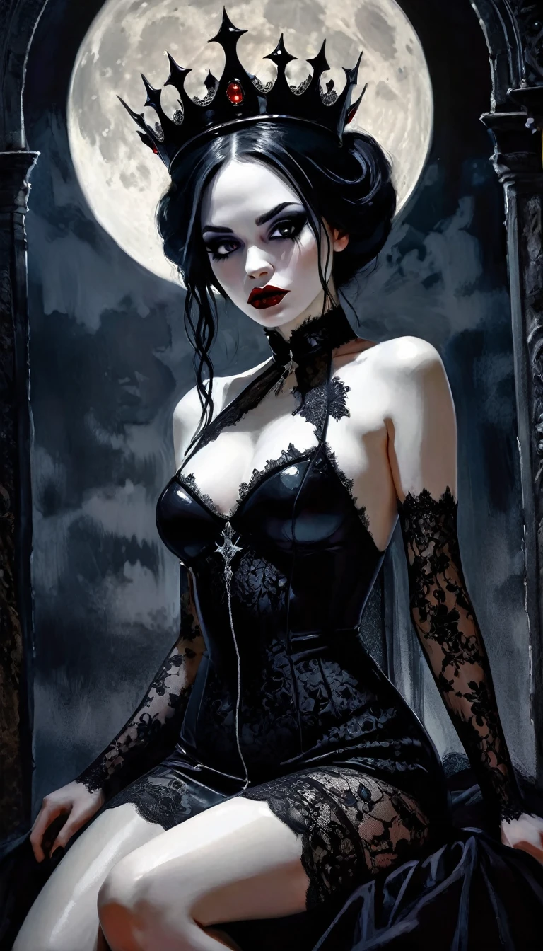 a dark queen, dark queen of horror, blood, lust, eroticism, magic, crown, dark moon, sexy lace dress, perfect ass, detailed eyes, detailed lips, long eyelashes, one girl, dark fantasy, gothic, dark colors, dramatic lighting, chiaroscuro, cinematic, photorealistic, 8k, high quality, masterpiece, , surrealism, impressionism,eroticism, sexy, black and white image, between shadows, oil painting, chiaroscuro, sensual, dramatic lighting, moody atmosphere, photorealistic, intricate details, masterpiece, ultra-detailed, high quality, 8k, best quality, realistic, cinematic, dark and brooding, expressionistic, powerful composition, emotional impact, Bill Sienkiewicz inspired art
