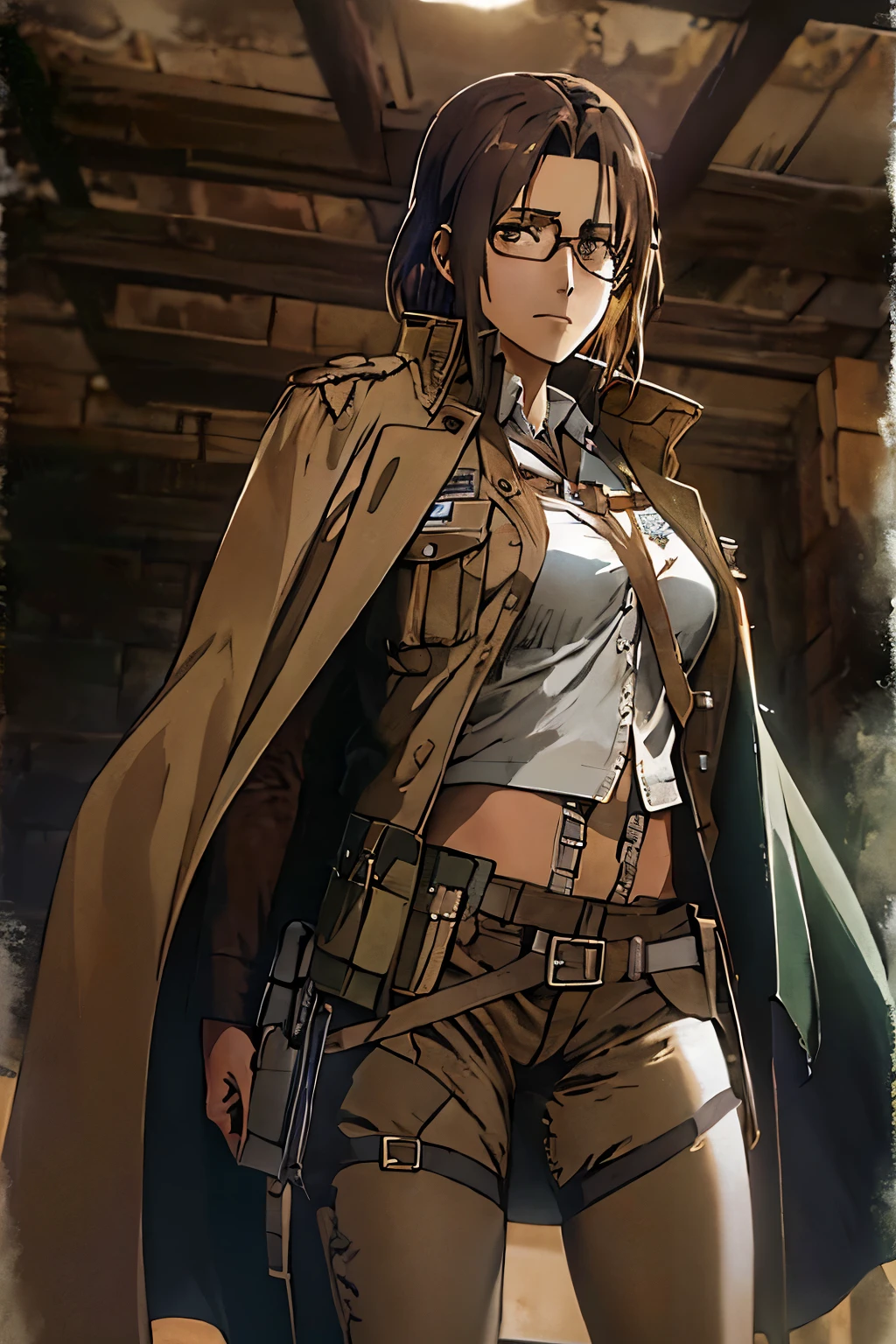 Cowboy Shot, Beautiful Hanji AOT, One girl, alone, Jacket, Glasses, Cape, heaven_army_uniform, Volumetric lighting, Highest quality, masterpiece, Intricate details, Tone Mapping, Sharp focus, Super detailed, Trending on Art Station, 