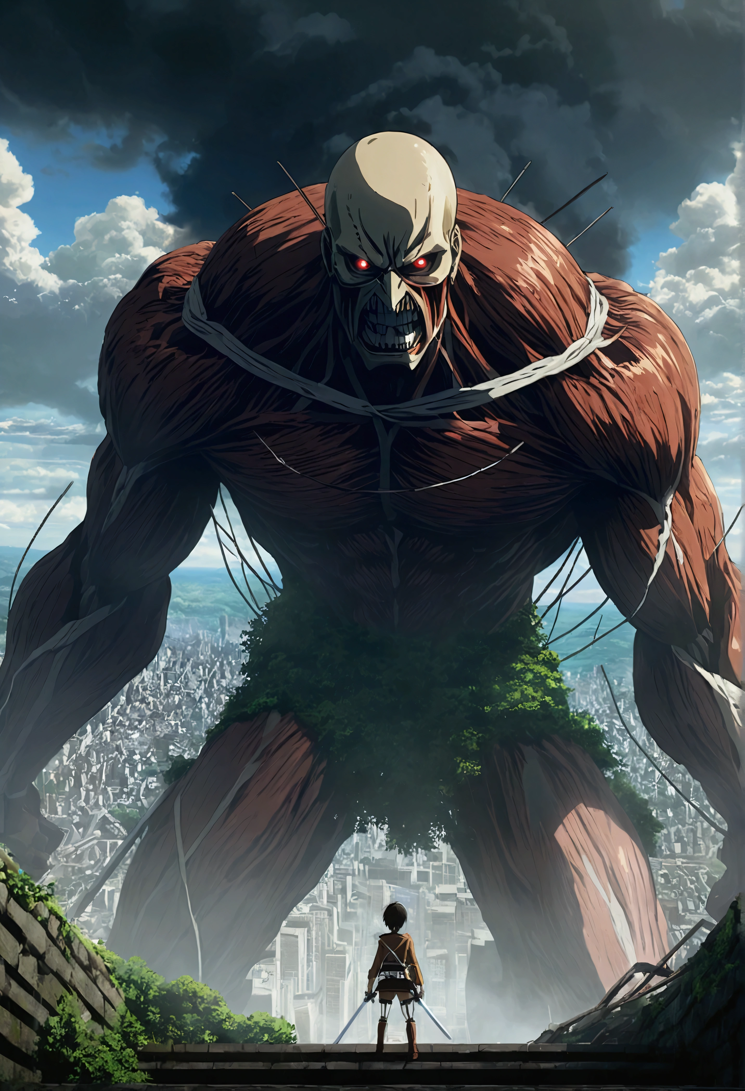 Attack on Titan, Angry Giants, Dark and gritty, Studio Ghibli, Anime key visual, by makoto shinkai, Dark color, Complex, 8K resolution concept art, Natural light, Beautiful composition
