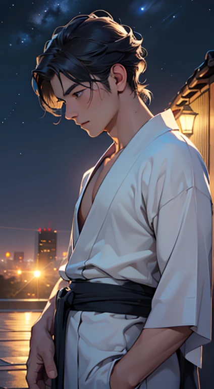 (Highest quality, masterpiece, 8k, Realistic, Cinema Lighting, 1:4. HDR Images, Super detailed, Beautiful images), Young man in his 20s,A kind expression,Soft looking hairstyle,yukata,Night Sky,Rooftop,Looking away