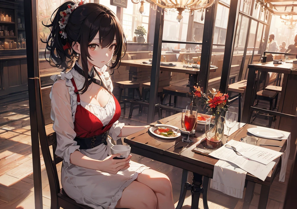 Realistic photos, Focus distance 10mm, Red and white, Beautiful girl, Realistic photos, Shooting at focus distance 10mm, masterpiece, 最high quality, high quality, Very detailed CG 8k wallpaper unit, Award-winning photography, Depth of written boundary, High resolution, bloom, chromatic aberration, Realistic, Very detailed, Art Station Trends, CGsociety Trends, Complex, High detail, dramatic, Art on the go, volumetric lighting, Soup A beautiful girl in an elegant dress is enjoying a hot soup. The background is the warm atmosphere of a high-end restaurant. The girl has short black hair and light brown eyes