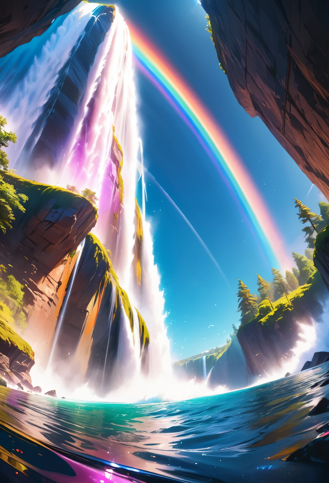 a ((low angle shot: 1.5)), from below of an epic waterfall, there is an epic waterfall coming out of an epic cliff, ((standing really close to the waterfall)) the water coming down in earnest, there is a rainbow reflected on the  water, vibrant, Ultra-high resolution, High Contrast, (masterpiece:1.5), highest quality, Best aesthetics), best details, best quality, highres, 16k, (ultra detailed: 1.5), masterpiece, best quality, (extremely detailed) RAW, (ultra details, Masterpiece, best quality), chumbasket art style, ral-czmcrnbw