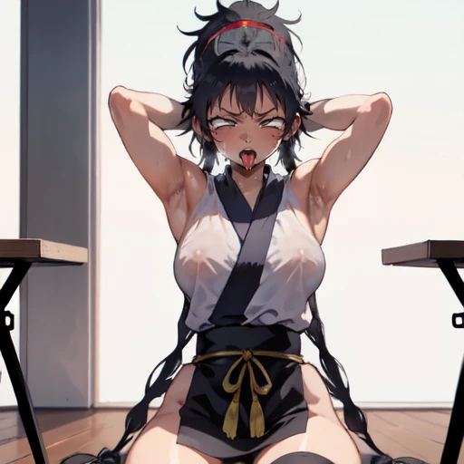 1girl, (ahegao),(muscle1.4), (masterpiece:1.3), (high resolution), (8K), (extremely detailed), (4k), (pixiv), perfect face, nice eyes and face, (best quality), (super detailed), detailed face and eyes, (solo), textured skin, absurdres, highres, wzkomachine, white eyes, Small breasts, sash, bike shorts, short sleeves, bangs, black gloves, fingerless gloves, long hair, black hair,ponytail, japanese clothes, kimono, sitting on floor, looking at viewer,Nipple exposure,Sexy, flirtatious, Solitary, eternity, - Hip vents, No underwear,No eyeballs, Also available in black, low twin braids,Facing the audience, looking at the audience, tired, from below, (Exposed armpit:1.1), ((armpit:1.2)), sexy, Sweating, More and more sweat,(ahegao), (Roll your eyes), Naughty face, blush, open mouth, Sticking out tongue, saliva, Slobber,Skinny, raise arms, (arms above head:1.5)