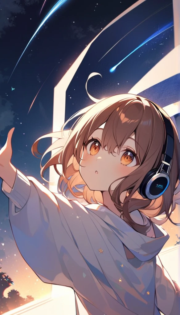 Girl wearing headphones。Brown Hair。1 person。bright。Looking up at the summer night sky、A girl wearing headphones reaching for a shooting star。