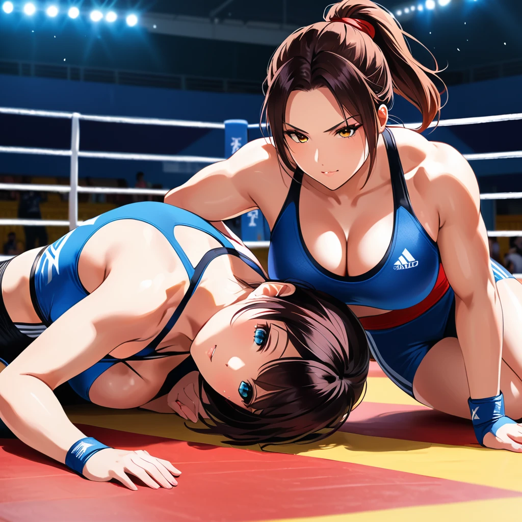 high quality,HD,16k,sharp lines,2 girl,Female freestyle wrestling athlete ,cute face, large breasts, nice legs,At the freestyle wrestling venue,focus girl,detailed beautiful face,detailed clothes,beautiful eyes,cool,dynamic angle,in a close and intense fight on a mat, showing their submission hold techniques with a lot of sweat on their body