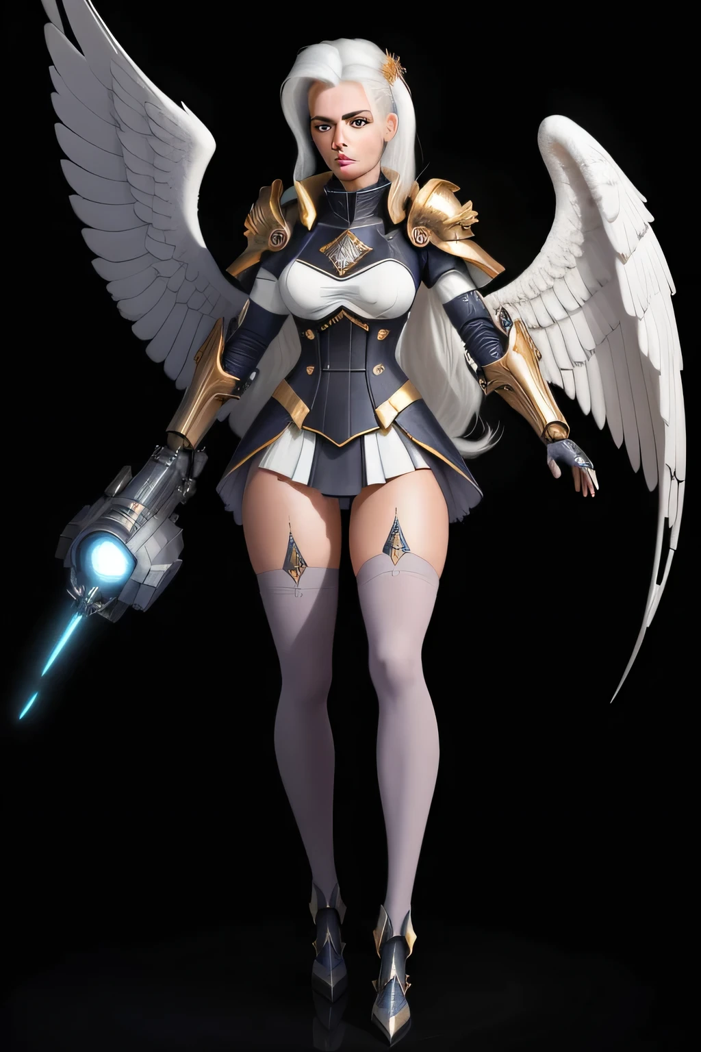8K ultra realistic , High detail, Beautiful, Trixie Lulamoon - My Little Pony - Equestria Girls, women, Cara sexy, yellow eyes, by white, Skinny body, white hair with light blue rays bare head to the wind Bare Head,perfect lips, perfect eyes, Wings angels, pose sexy, pink stockings, mecha, neon sign, Clockwork-style galactic armor, cannon that fires a beam that manipulates the same temporal space integrated into its shoulder pads, led night city, seen from above, high quality, realist, beautiful light, full detail, Black background. 40-year, forest galactic level 27, full body, background skull cavern