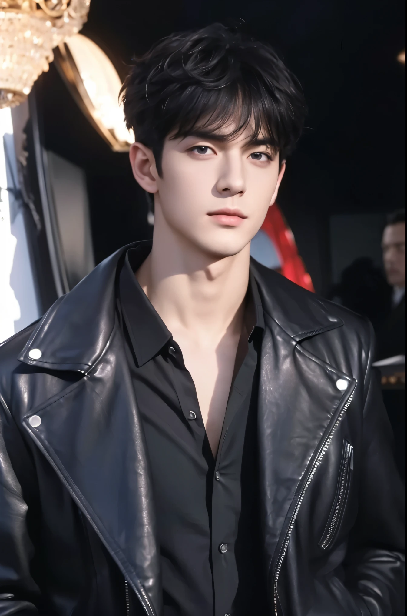 4k, high resolution, best quality, masterpiece, perfect color, perfect shade, perfect lighting, Posted by e621, ((portrait)), ((handsome man)), perfect male figure, Short hair details,Detailed face, perfect face, (stood up), Detailed background, ((Bonifasco Lighting)),black hair, wearing black leather jacket, purple eyes,