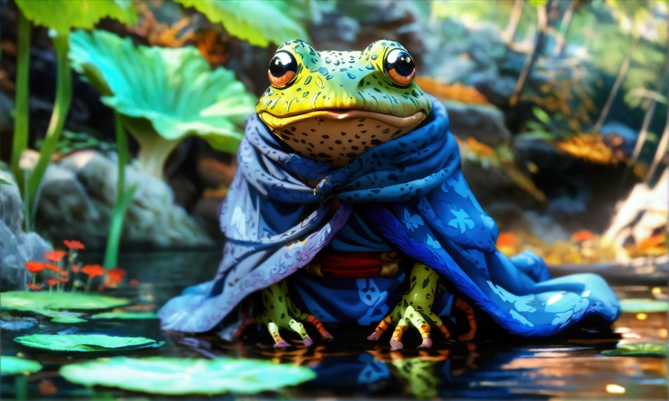 Frog, humanoid body, wearing a blue robe, pond scenery, "Anime character design inspired by One Piece, full of dramatic and impressive lighting, focus on the centralized character, impressive face, full of creative details, ultra-fine 4K design, scenery bathed in creativity, boasting 2D anime resolution clarity, HD anime graphics, high-octane rendering"