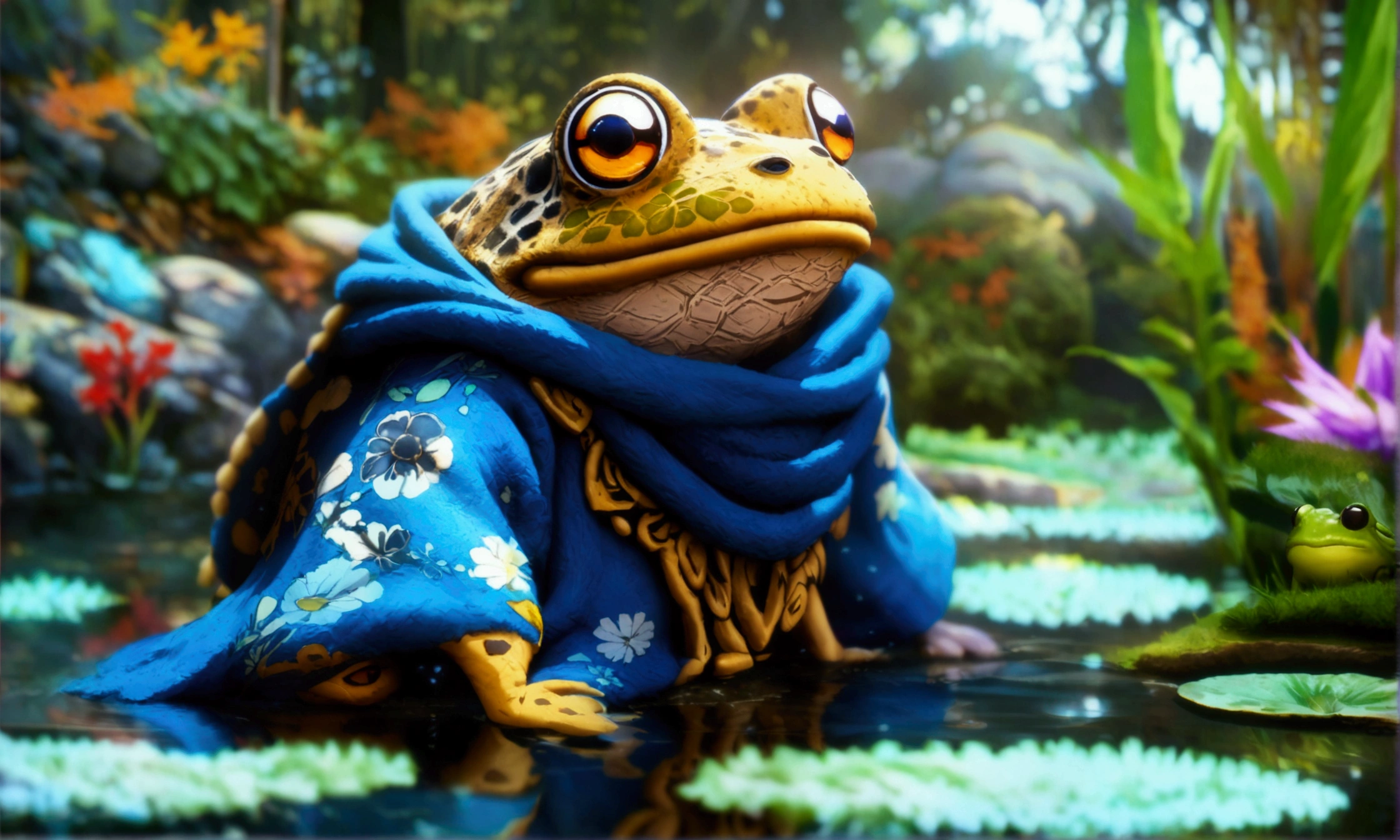 Frog, humanoid body, wearing a blue robe, pond scenery, "Anime character design inspired by One Piece, full of dramatic and impressive lighting, focus on the centralized character, impressive face, full of creative details, ultra-fine 4K design, scenery bathed in creativity, boasting 2D anime resolution clarity, HD anime graphics, high-octane rendering"