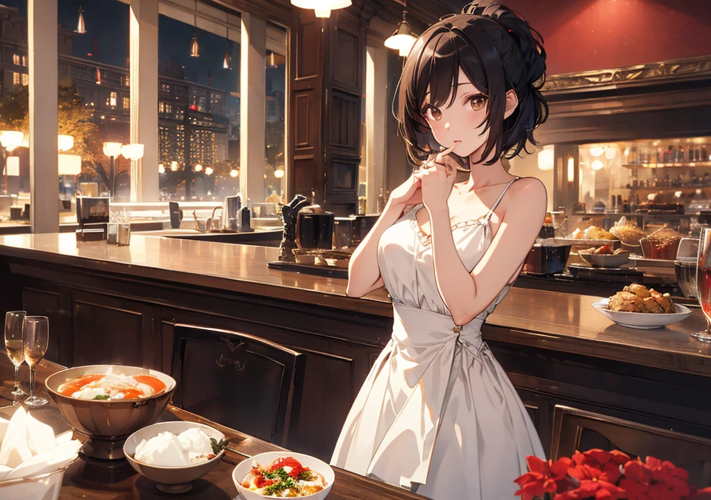 Realistic photos, Focus distance 10mm, Red and white, Beautiful girl, Realistic photos, Shooting at focus distance 10mm, masterpiece, 最high quality, high quality, Very detailed CG 8k wallpaper unit, Award-winning photography, Depth of written boundary, High resolution, bloom, chromatic aberration, Realistic, Very detailed, Art Station Trends, CGsociety Trends, Complex, High detail, dramatic, Art on the go, volumetric lighting, Soup A beautiful girl in an elegant dress is enjoying a hot soup. The background is the warm atmosphere of a high-end restaurant. The girl has short black hair and light brown eyes