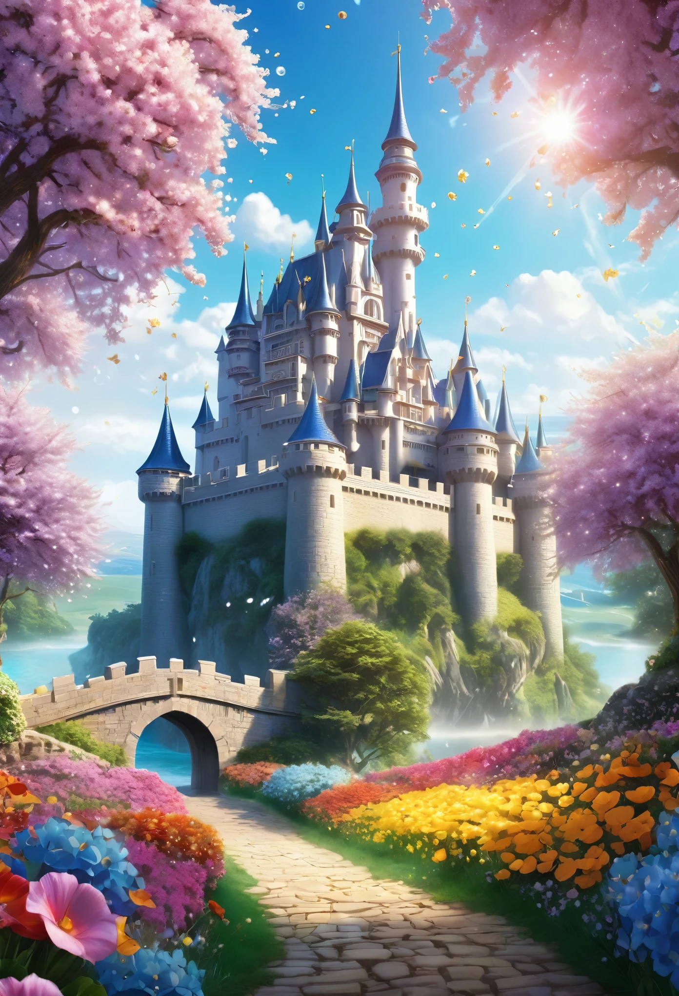 Flowers overflow Fantasy sparkling castle noon Illustrated Aspect ratio16:9