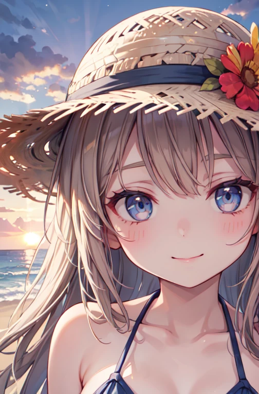 One Girl, long tied brunette hair, smile, blue eyes, Wink, View your audience, Wearing a bikini, flower straw hat, (Beach), (sunset), evening, masterpiece, 8k, Perfect lighting, Perfect outfit, Perfect Anatomy, Perfect Eyes, Perfect Face, Sharp resolution, (Face close-up)