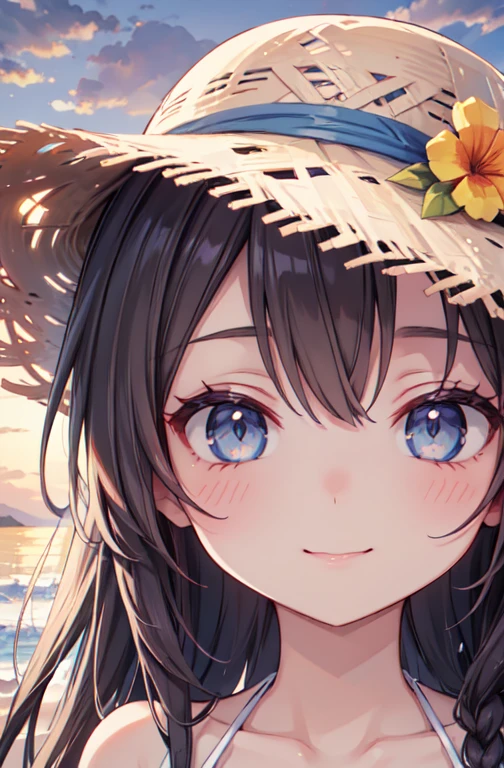 One Girl, long tied brunette hair, smile, blue eyes, Wink, View your audience, Wearing a bikini, flower straw hat, (Beach), (sunset), evening, masterpiece, 8k, Perfect lighting, Perfect outfit, Perfect Anatomy, Perfect Eyes, Perfect Face, Sharp resolution, (Face close-up)