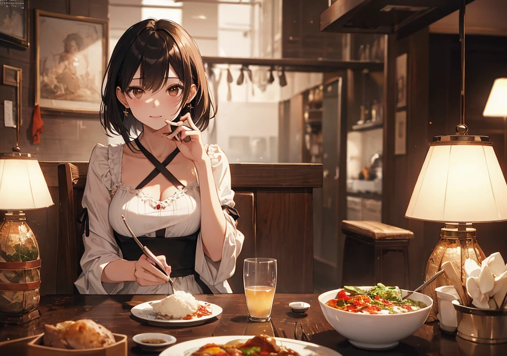 Realistic photos, Focus distance 10mm, Red and white, Beautiful girl, Realistic photos, Shooting at focus distance 10mm, masterpiece, 最high quality, high quality, Very detailed CG 8k wallpaper unit, Award-winning photography, Depth of written boundary, High resolution, bloom, chromatic aberration, Realistic, Very detailed, Art Station Trends, CGsociety Trends, Complex, High detail, dramatic, Art on the go, volumetric lighting, Soup A beautiful girl in an elegant dress is enjoying a hot soup. The background is the warm atmosphere of a high-end restaurant. The girl has short black hair and light brown eyes