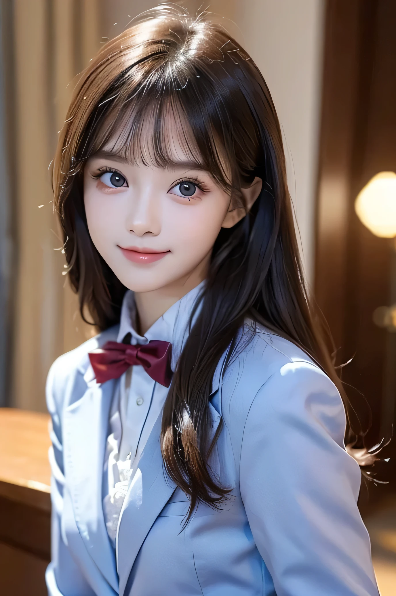 (Very beautiful  cute girl), (very  cute face:1.2),5 yo, baby face,(sparking crystal clear attractive large eyes), Beautiful detailed eyes, Detailed double eyelids, (smiling), (realistic photograph:1.1), long straight hair,dark blue blazer high-school uniform,red neck bow tie